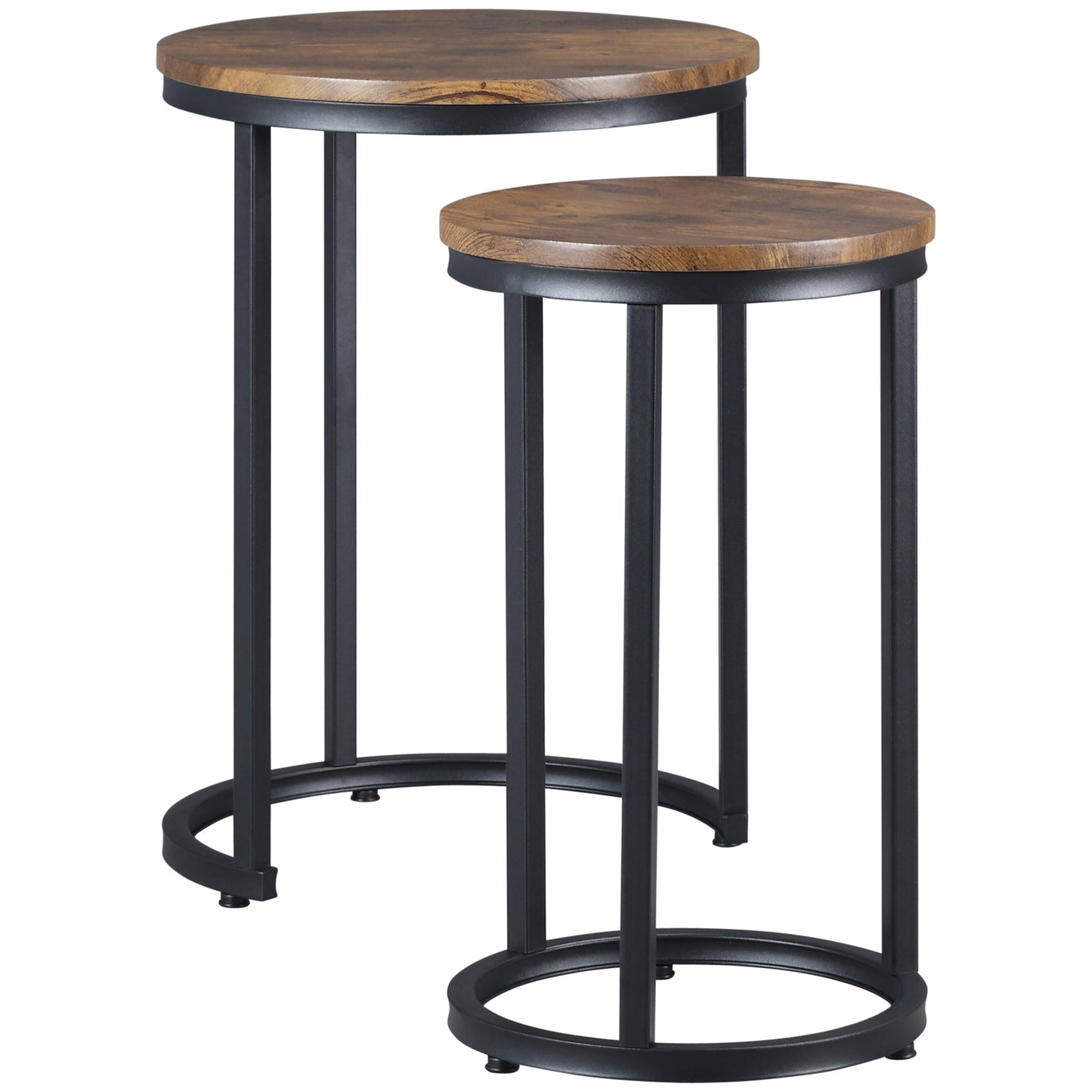 HOMCOM Round Nesting Tables Set of 2 Industrial Stackable Side Tables with Rustic Wood Grain Metal Frame for Living Room Brown