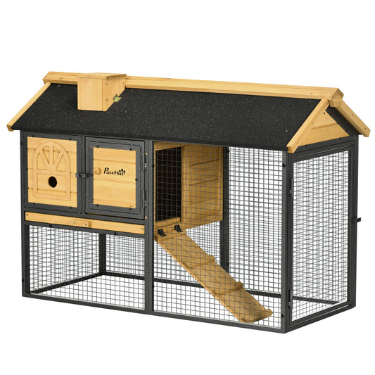 PawHut Outdoor Rabbit Hutch, with Run, Removable Tray, Asphalt Roof, 120 x 55.5 x 80cm