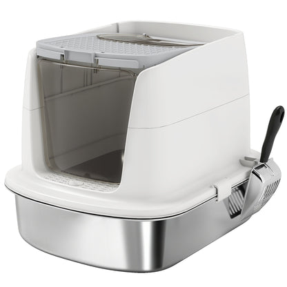 PawHut Large Stainless Steel Litter Box, Enclosed Metal Cat Litter Tray with Scoop, Deodoriser Bag, Front-Entry and Top-Exit
