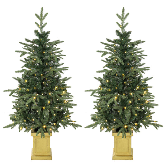 HOMCOM Set of 2 Prelit Christmas Trees with Dual-Colour LEDs, Remote, 4ft Artificial Aspen Fir Battery-Operated, 11 Modes, Pot