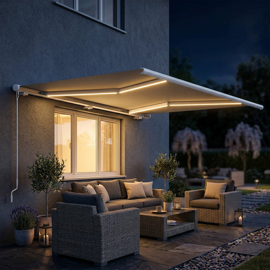 Outsunny 4x3m Full Cassette Electric/Manual Retractable Awning with LED Light and Remote Controller, Sun Canopies for Patio Door Window, Grey