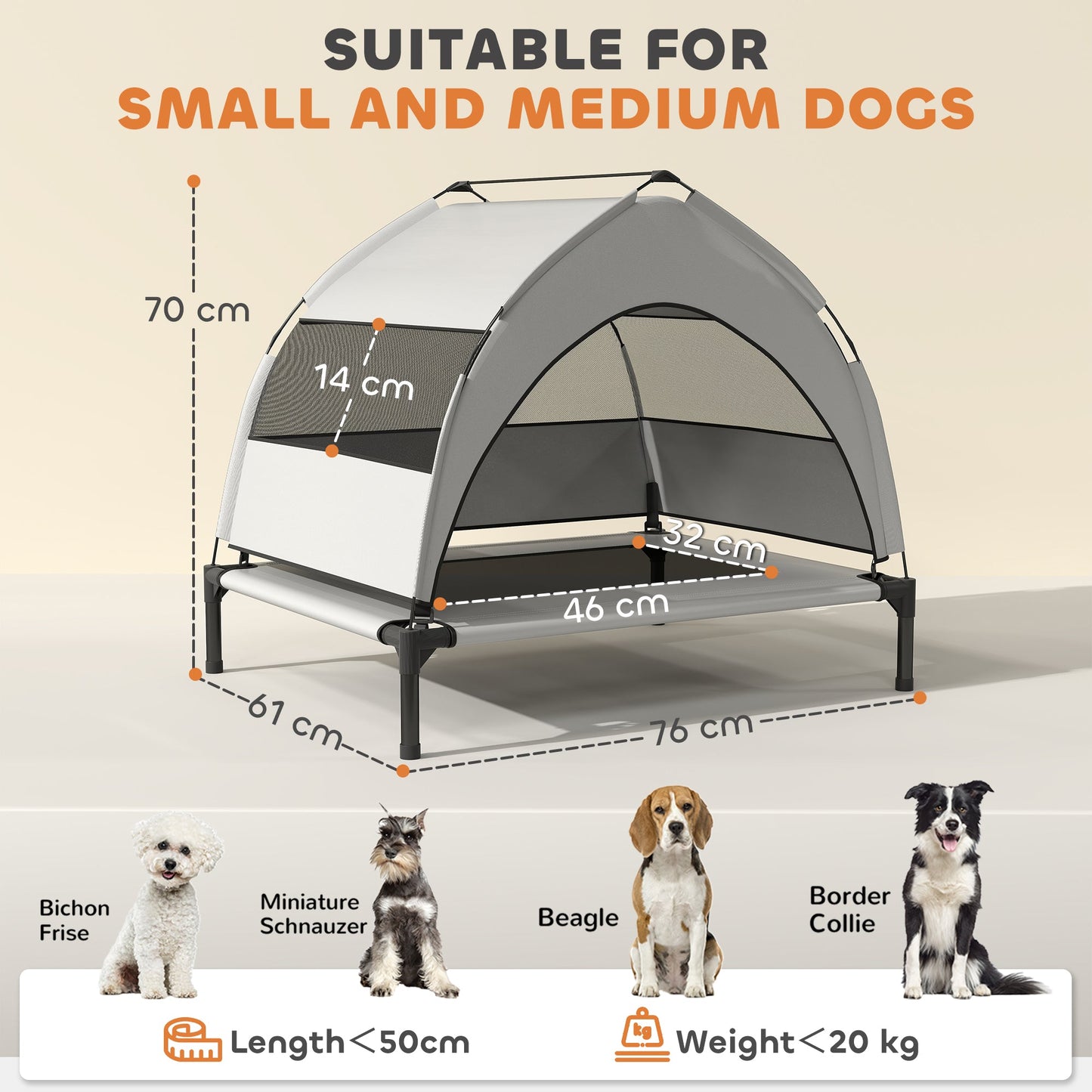 PawHut Portable Elevated Dog Bed with Removable Canopy, Cooling Raised Pet Cot for Small Medium Dogs, 76 x 61 x 70 cm