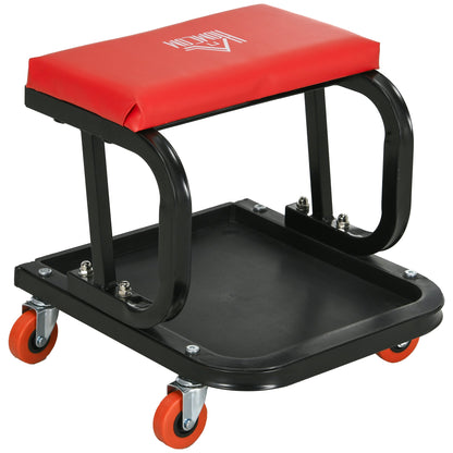 HOMCOM Workshop Stool, Rolling Machine Stool with 360  Swivel, Padded Seat, Tool Tray, Red