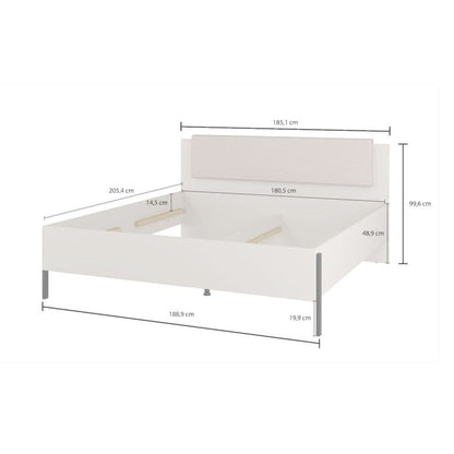 White bed frame with dimensions on a white background
