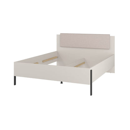 White bed frame with a headboard on a white background