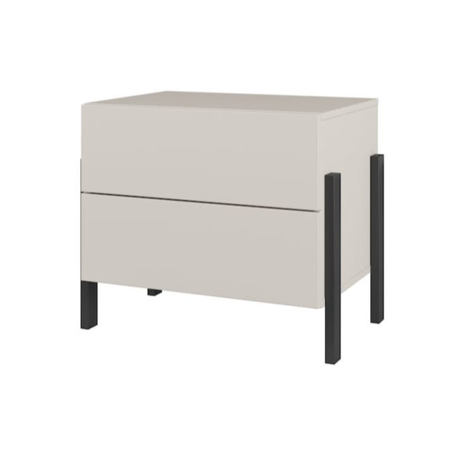 White nightstand with black legs on a white background