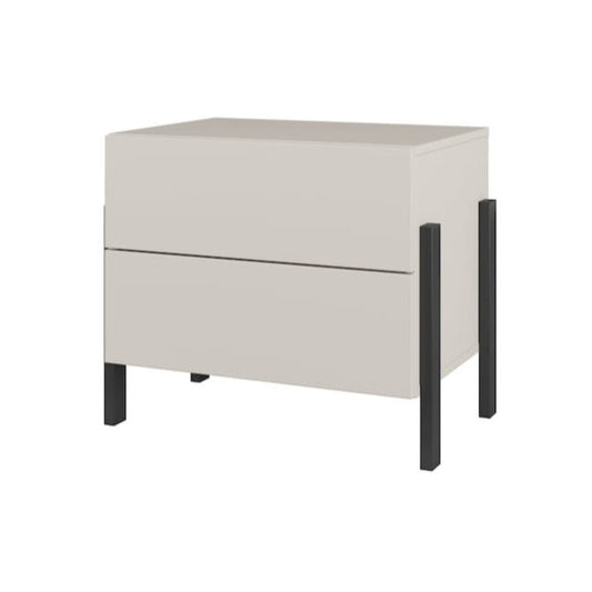 White nightstand with black legs on a white background