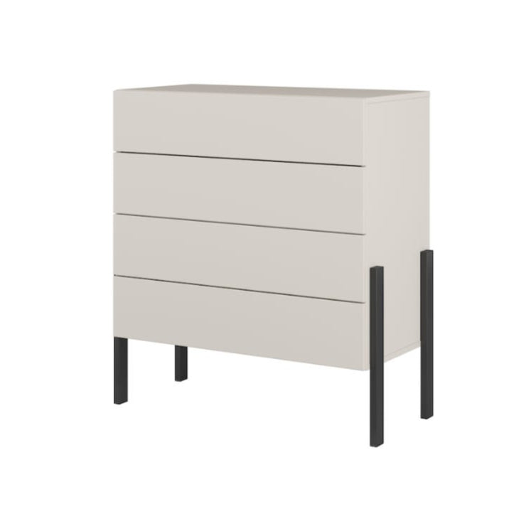 White dresser with black legs on a white background