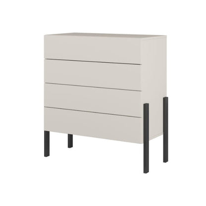 White dresser with black legs on a white background