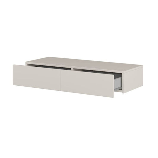 Light gray TV stand with two drawers on a white background