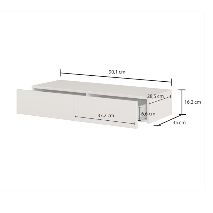 White floating shelf with dimensions labeled on a white background