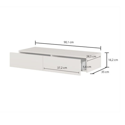 White floating shelf with dimensions labeled on a white background