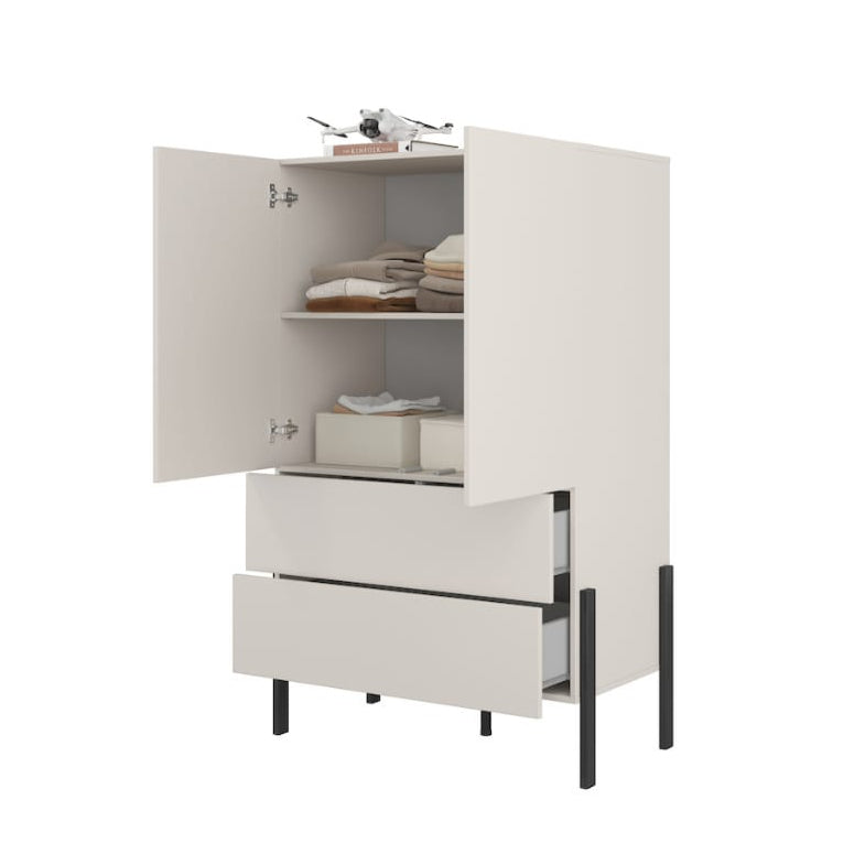 White cabinet with open doors on a white background