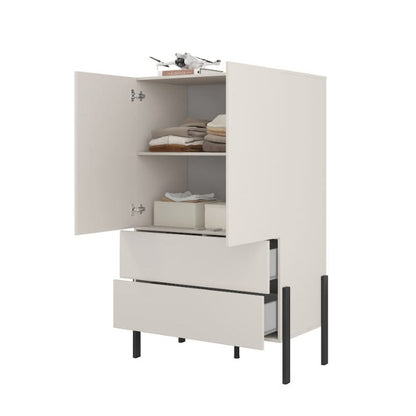 White cabinet with open doors on a white background