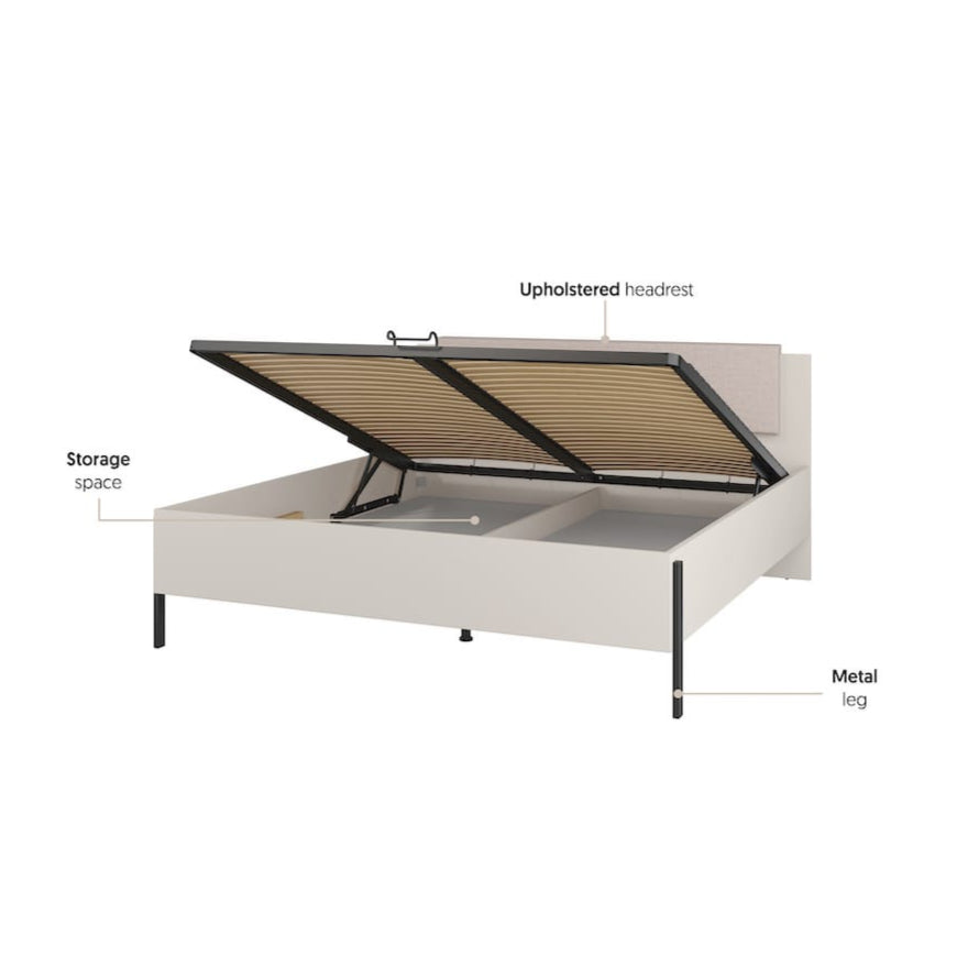 Bed with upholstered headboard and labeled features on a white background