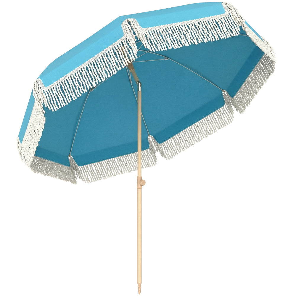 Outsunny 1.7 m Beach Umbrella with Sand Anchor, 30° Tilting Fringed Beach Garden Parasol with Adjustable Height, Grey