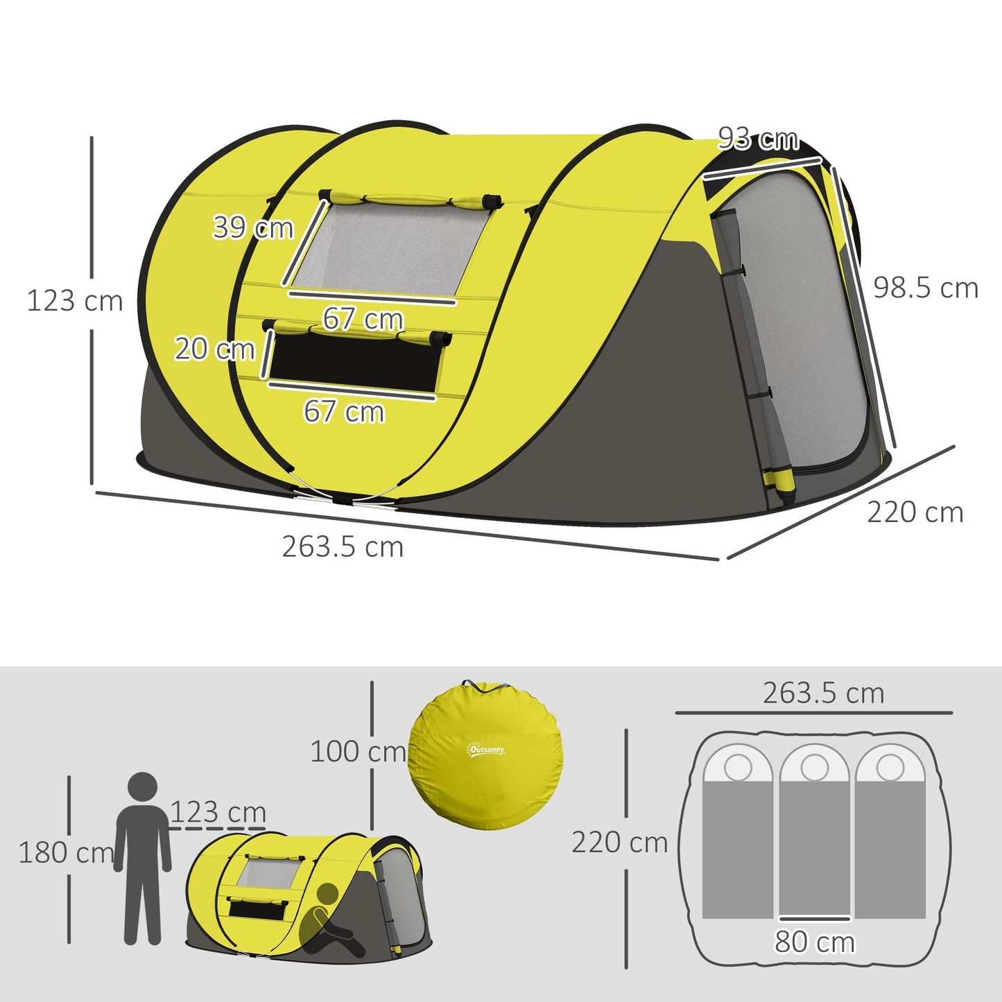 Outsunny 4 Person Pop-up Camping Tent Family Tent with Ground Sheet, 4 Windows and Portable Carry Bag for Beach Outdoor Trip, Yellow