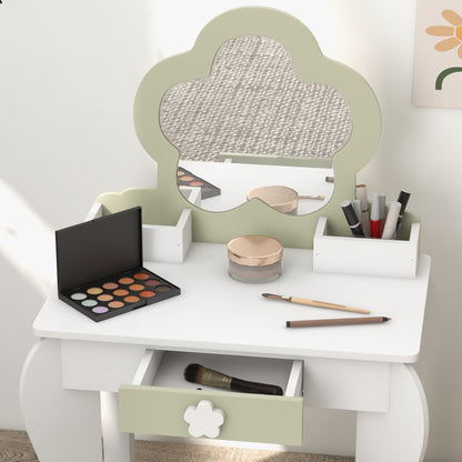 ZONEKIZ Kids Vanity Table with Mirror and Stool, Drawer, Storage Boxes, Beauty Flower Design, for 3-6 Years Old, White
