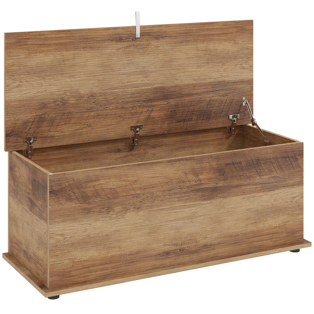 HOMCOM Storage Chest, Large 113L Blanket Box, Shoe Bench with Safety Hinged Lid, Storage Trunk, Bed End Bench for Bedroom, Hallway, Living room, Playroom, 100 x 40 x 40cm, Brown Wood Grain