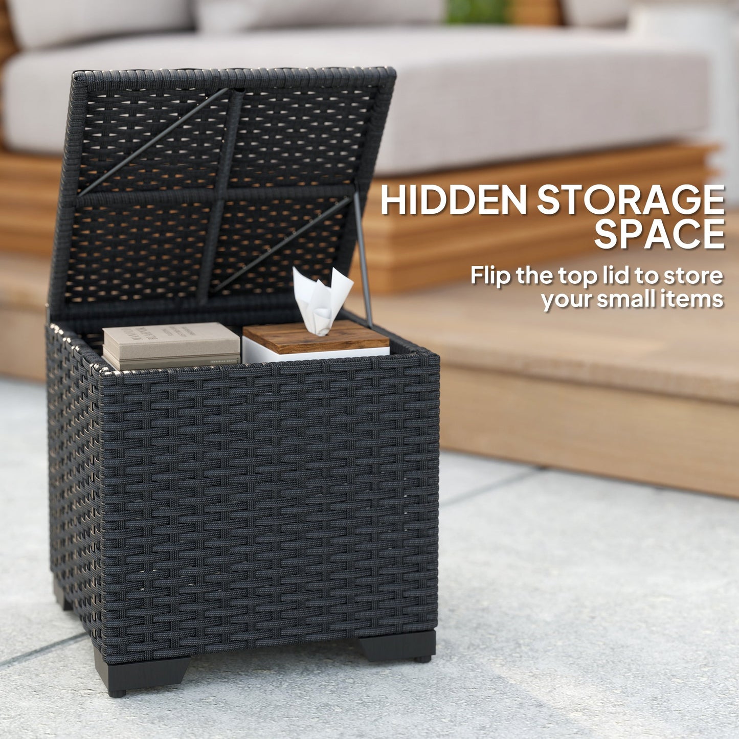 Outsunny Set of 2 Rattan Storage Ottoman, Outdoor Footstool with Removable Cushions, Garden Storage Seat for Balcony, Porch, Living Room, Cream