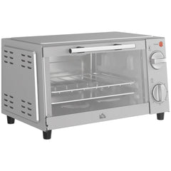HOMCOM Mini Oven, 9L Countertop Electric Grill, Toaster Oven with Adjustable Temperature, Timer, Dishwasher Safe Baking Tray and Wire Rack, 750W, Silver