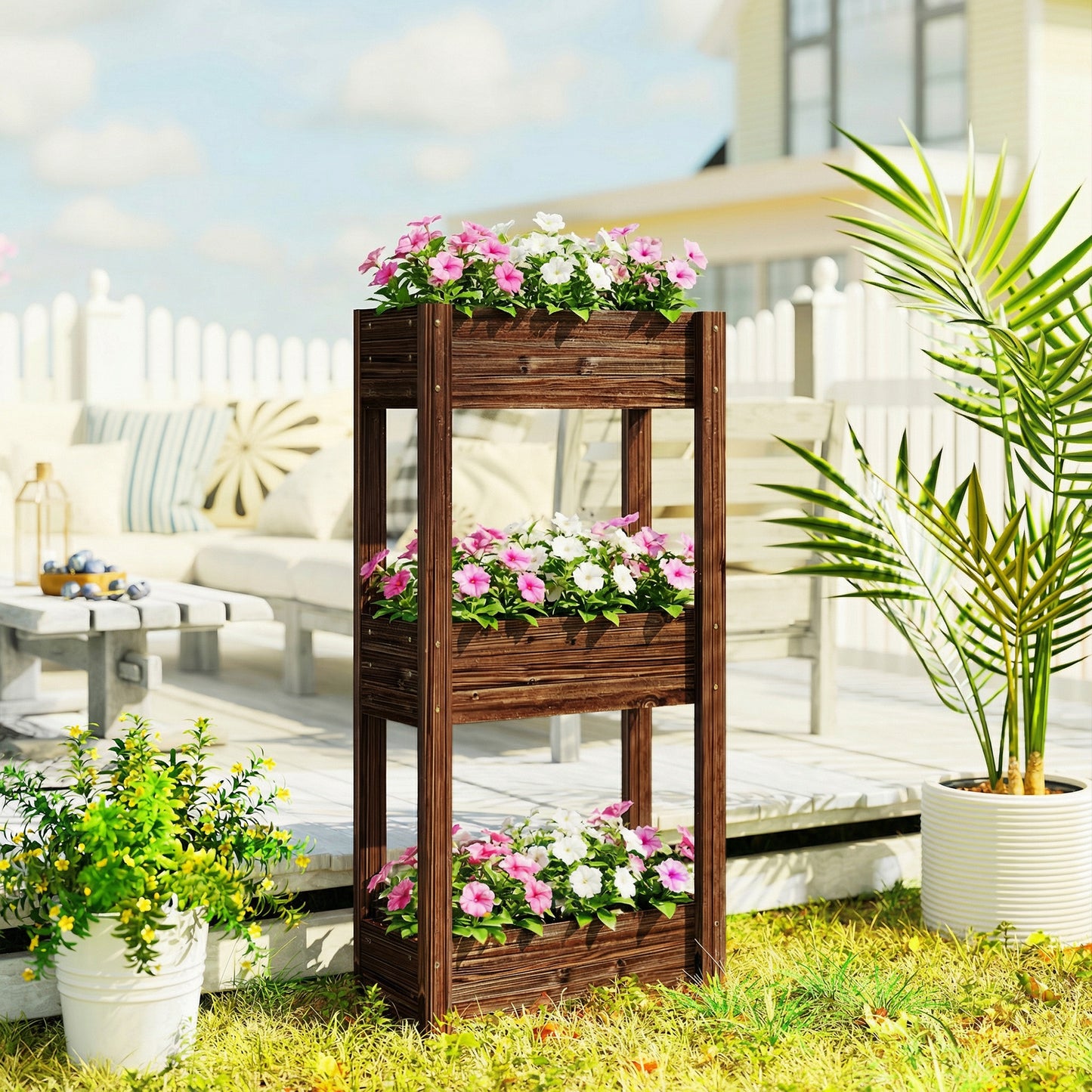 Outsunny 3-Tier Wooden Raised Planter, Raised Garden Bed on Legs with Drainage Holes and Bed Liner, Elevated Garden Planter
