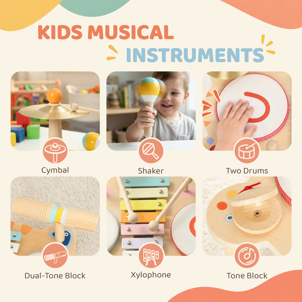 AIYAPLAY Kids Drum Kit, Wooden Musical Instruments with Xylophone, 2 Drums, Cymbal, Shaker, Wood Block, Gift for 18 M-6 Years