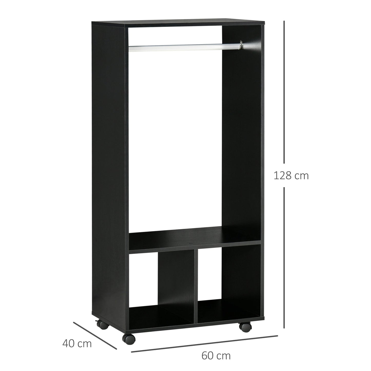 HOMCOM Open Wardrobe on Wheels, Bedroom Wardrobe with Clothes Hanging Rail, 2 Storage Shelves, Mobile Garment Rack for Cloakroom, Hallway, Black