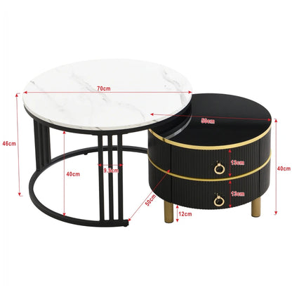 2-in-1 Round Marble Coffee Table Set with Glossy Tops, 2 Drawers, 70x70x46 + 50x50x40 cm, White+Black