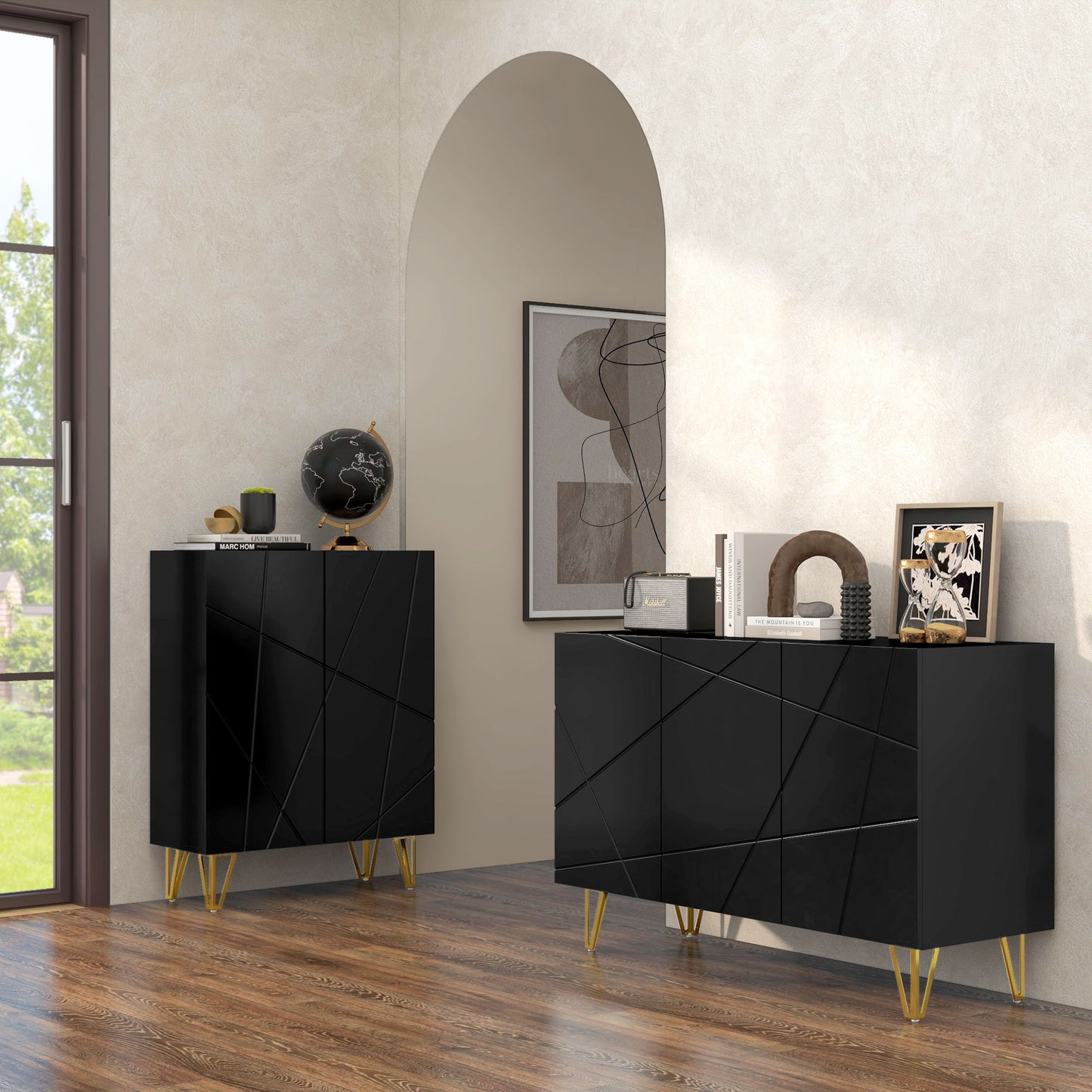HOMCOM Modern Luxe High Gloss Sideboard, with Hairpin Legs - Black