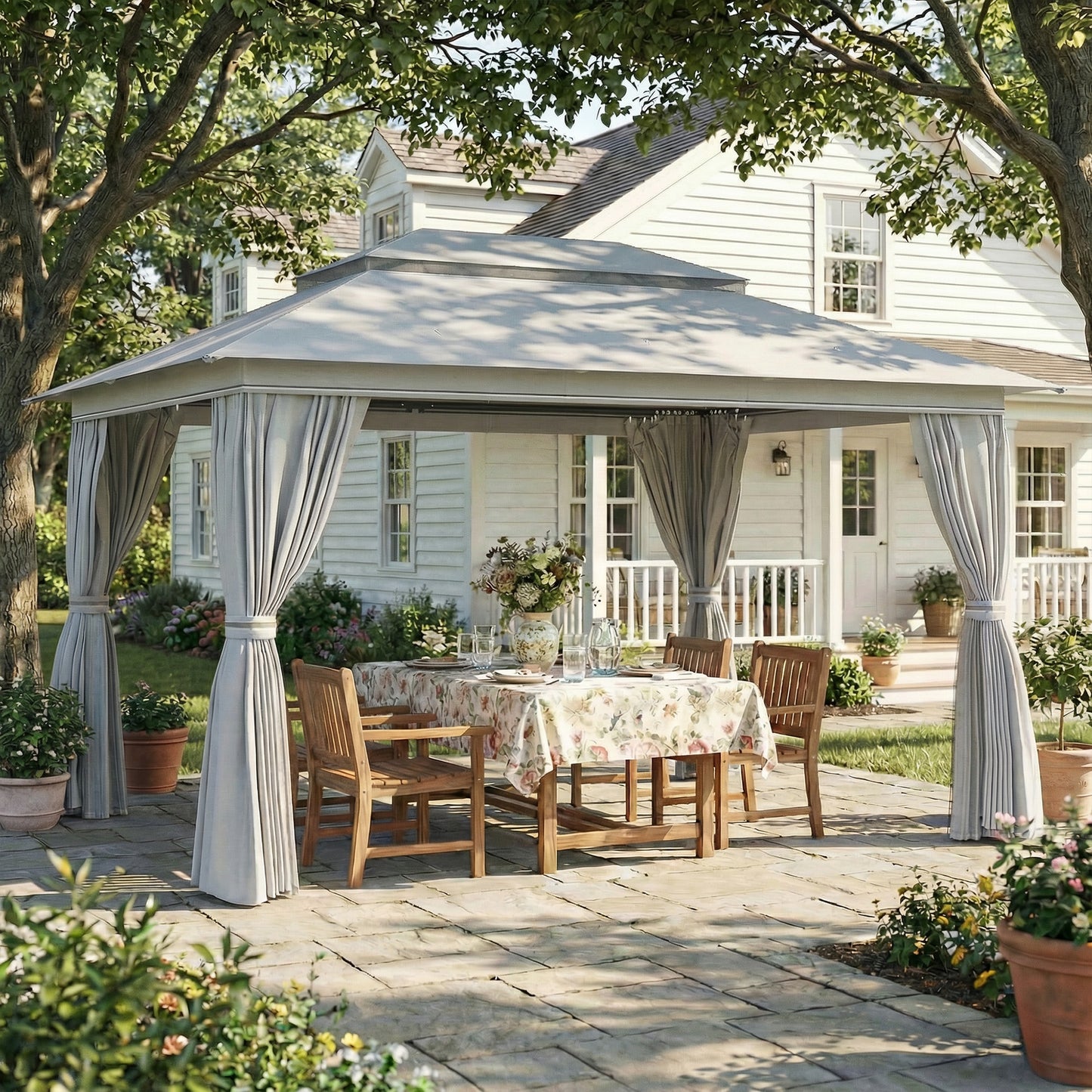 Outsunny 3 x 4 m Outdoor Garden Gazebo with Netting and Curtains, UPF50+ Patio Gazebo Permanent Pavilion Canopy, Dark Grey