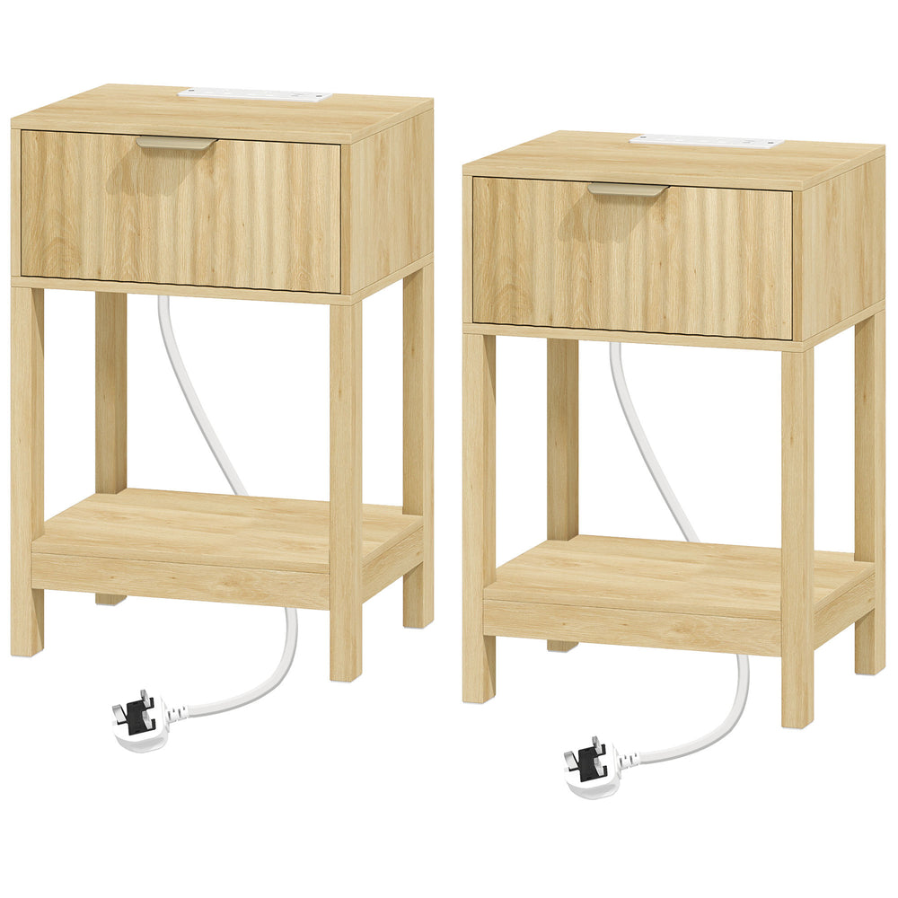 HOMCOM Modern Fluted Nightstand Set of 2, Bedside Table with Charging Station, Drawer and Open Shelf for Bedroom, Oak
