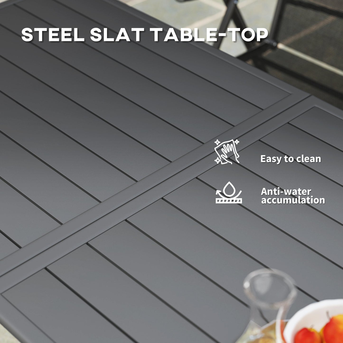 Outsunny Rectangle Garden Table with Slat Top, Steel Frame, Outdoor Table for 6 Person, 150 x 80 x 74 cm, Grey