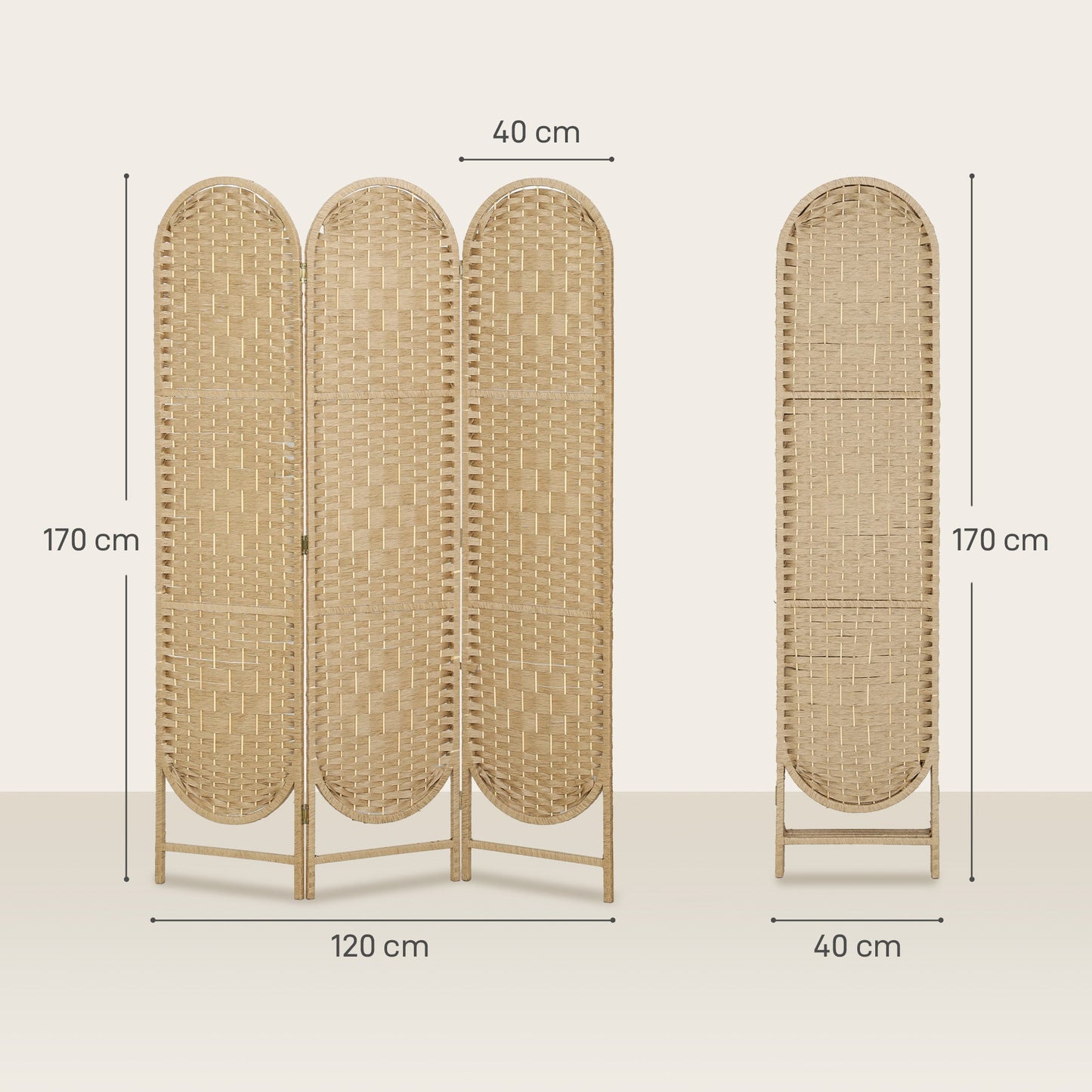 HOMCOM Indoor Oval 3-Panel Room Divider 120 x 170 cm Folding Lightweight Woven Partition, Natural Wood