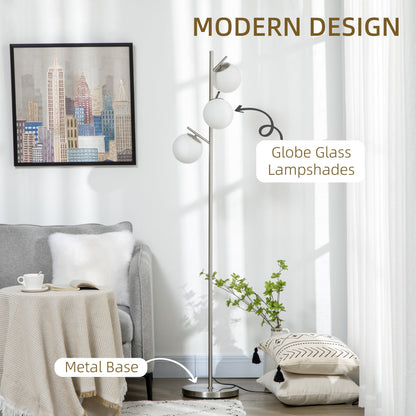 HOMCOM 3-Light Tree Floor Lamps for Living Room, Modern Standing Lamp for Bedroom with Globe Lampshade, Steel Base, Bulb not Included, Silver Tone