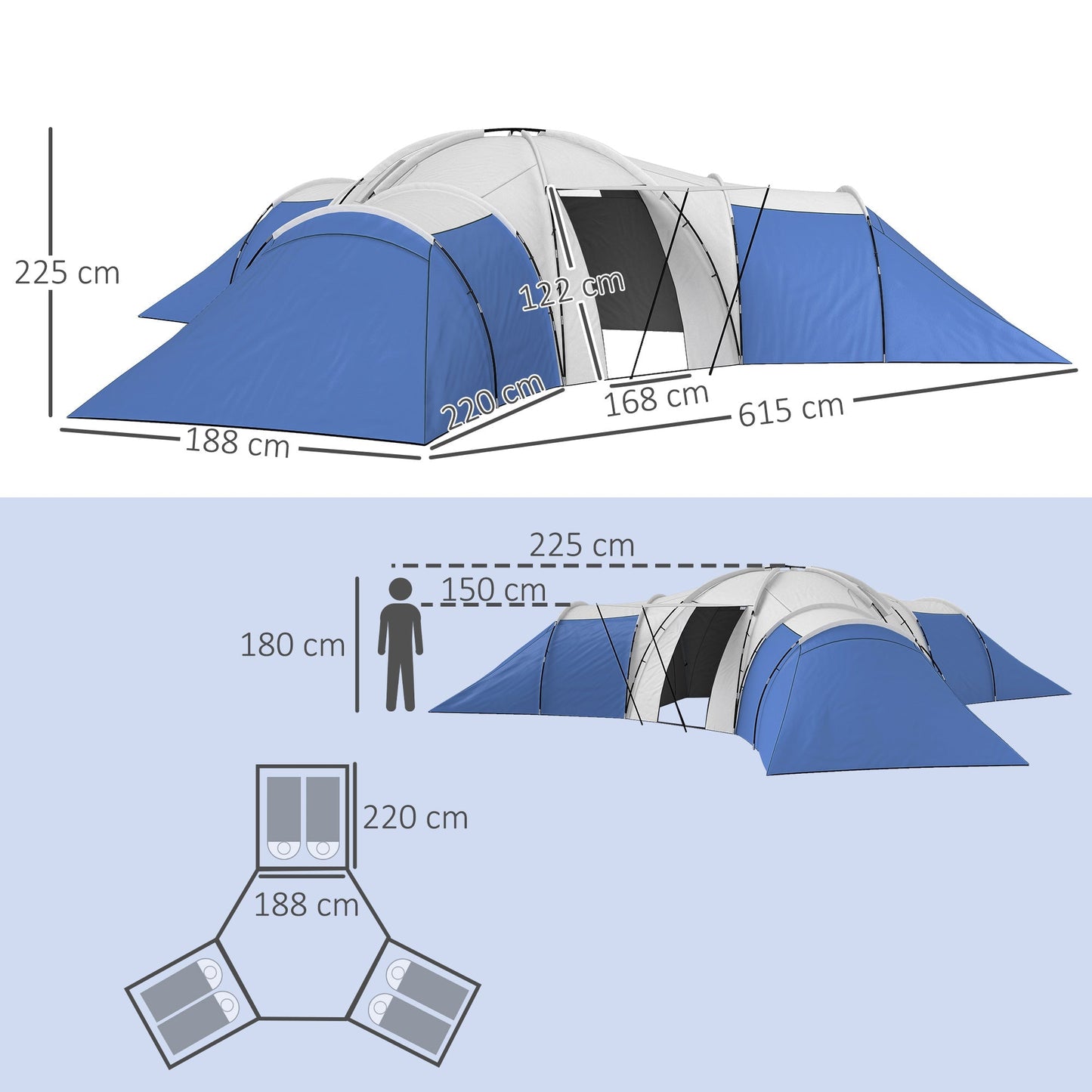 Outsunny 6-9 Man Tent with Bedrooms and Living Room, Accessories Included, Blue