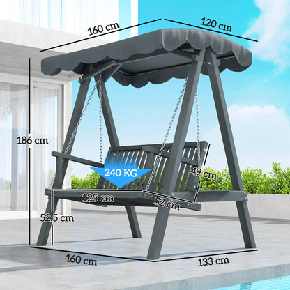 Outsunny 2 Seater Garden Swing Seat with Canopy, Wooden Swing Chair, Outdoor Hammock Bench for Balcony Patio Porch, Grey