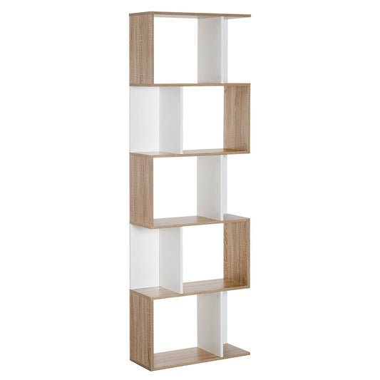 HOMCOM Bookcase, S-Shaped Wooden Bookshelf, 5/6 Tiers Freestanding Storage Shelf, Home Office Decorative Display Stand Rack, Oak and White, 24D x 60W x 184.5H
