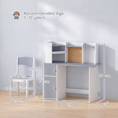 AIYAPLAY Kids Desk and Chair Set Storage Shelves Kids Desk Adjustable Tablet Stand Cork Board Pen Holder Grey