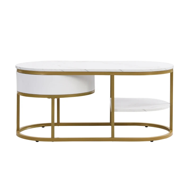 Oval Coffee Table with Marble Look, Golden Iron Frame, Drawers, and Shelves, 100x50x45 cm, White