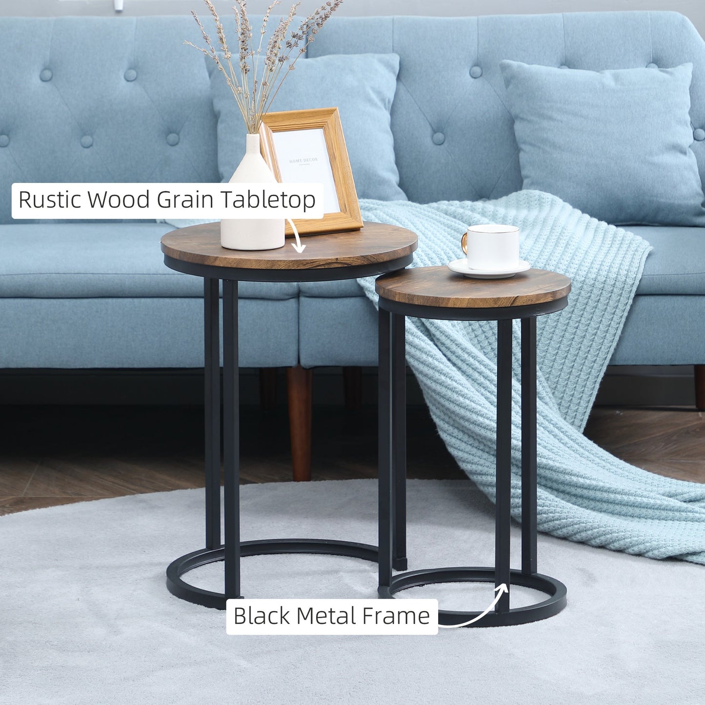 HOMCOM Round Nesting Tables Set of 2 Industrial Stackable Side Tables with Rustic Wood Grain Metal Frame for Living Room Brown