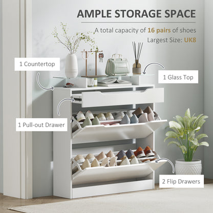 HOMCOM Shoe Storage Cabinet with Slide Out Drawer, 2 Flip Doors, Tempered Glass Top - White