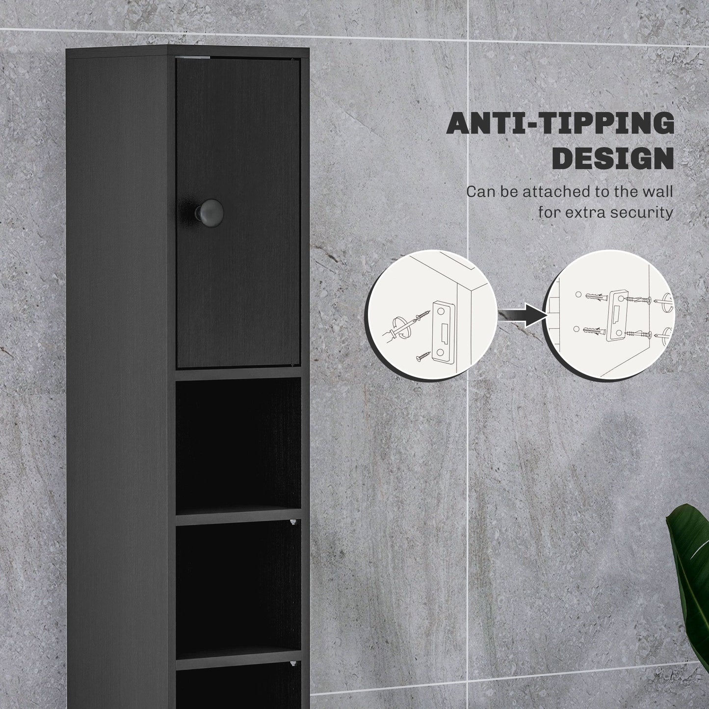 kleankin 180cm Slim Bathroom Cabinet, with Drawer, Shelves and Cupboards - Black