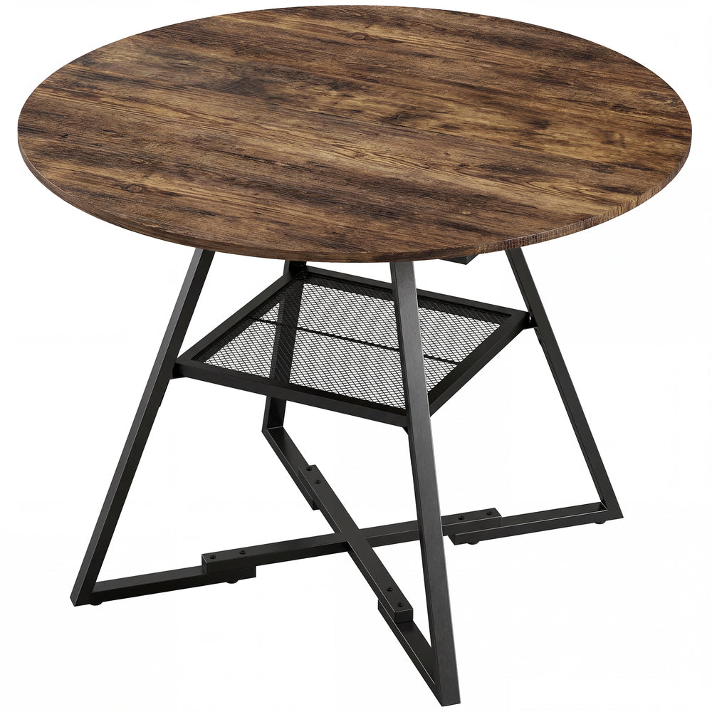 HOMCOM Dining Table for 4 People, 100 cm Round Industrial Kitchen Table with Storage Shelf, Rustic Brown