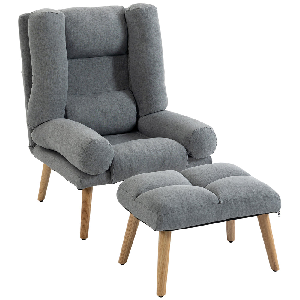 HOMCOM Recliner Chair with Footstool, Recliner Armchair with Adjustable Backrest, Thick Cushion and Wooden Legs, Grey
