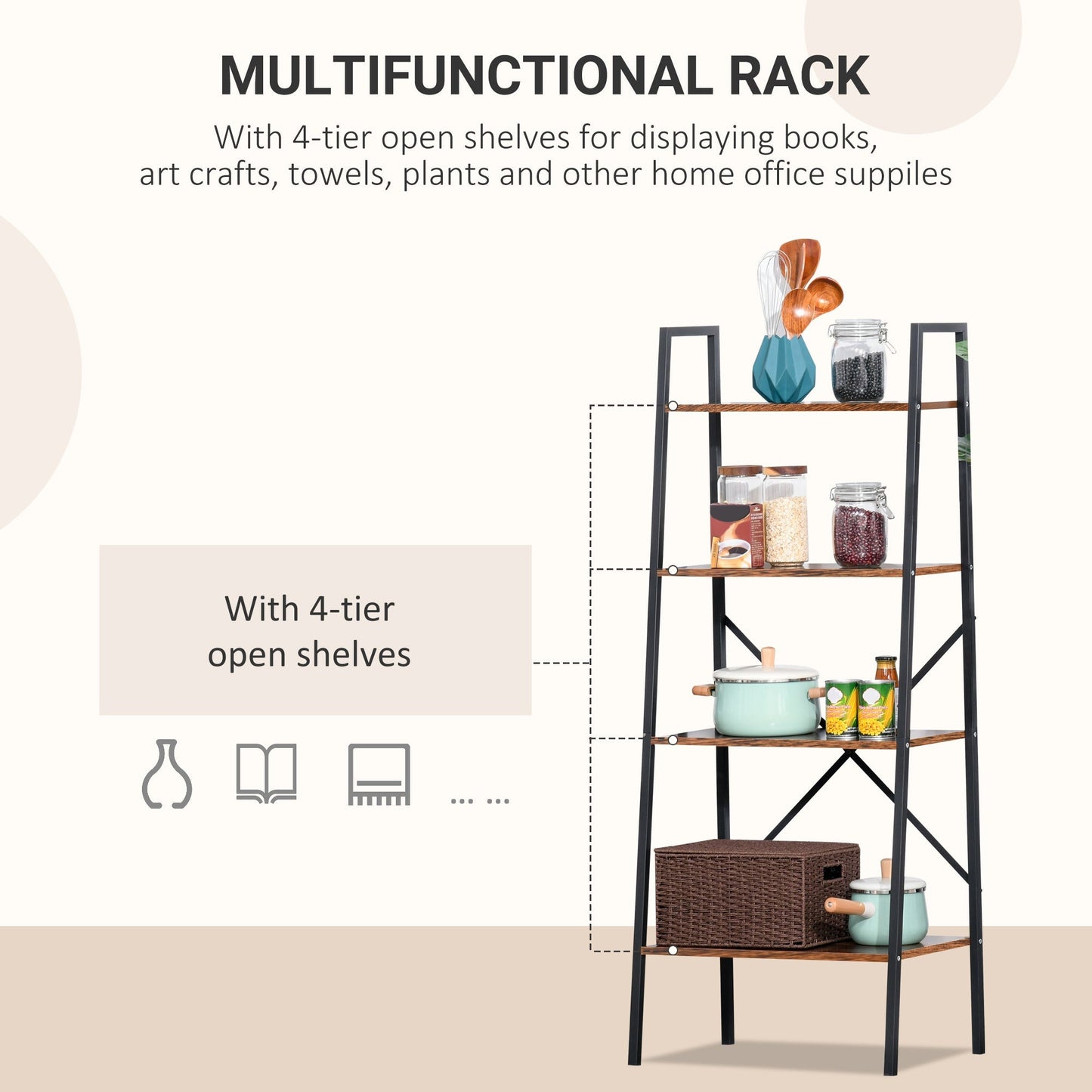 HOMCOM Ladder Shelf, Bookshelf, 4-Tier Industrial Storage Rack for Living Room, Bedroom, Kitchen, Rustic Brown and Black