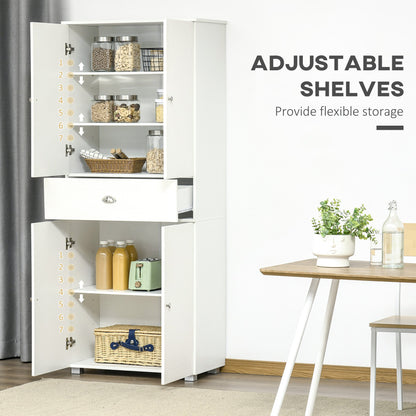 HOMCOM 184cm Tall Kitchen Cupboard, Freestanding Kitchen Pantry Storage Cabinet with 4 Doors, 3 Adjustable Shelves, Drawer, Anti-tipping Device, Sideboard Organiser for Dining Room, Living Room, White