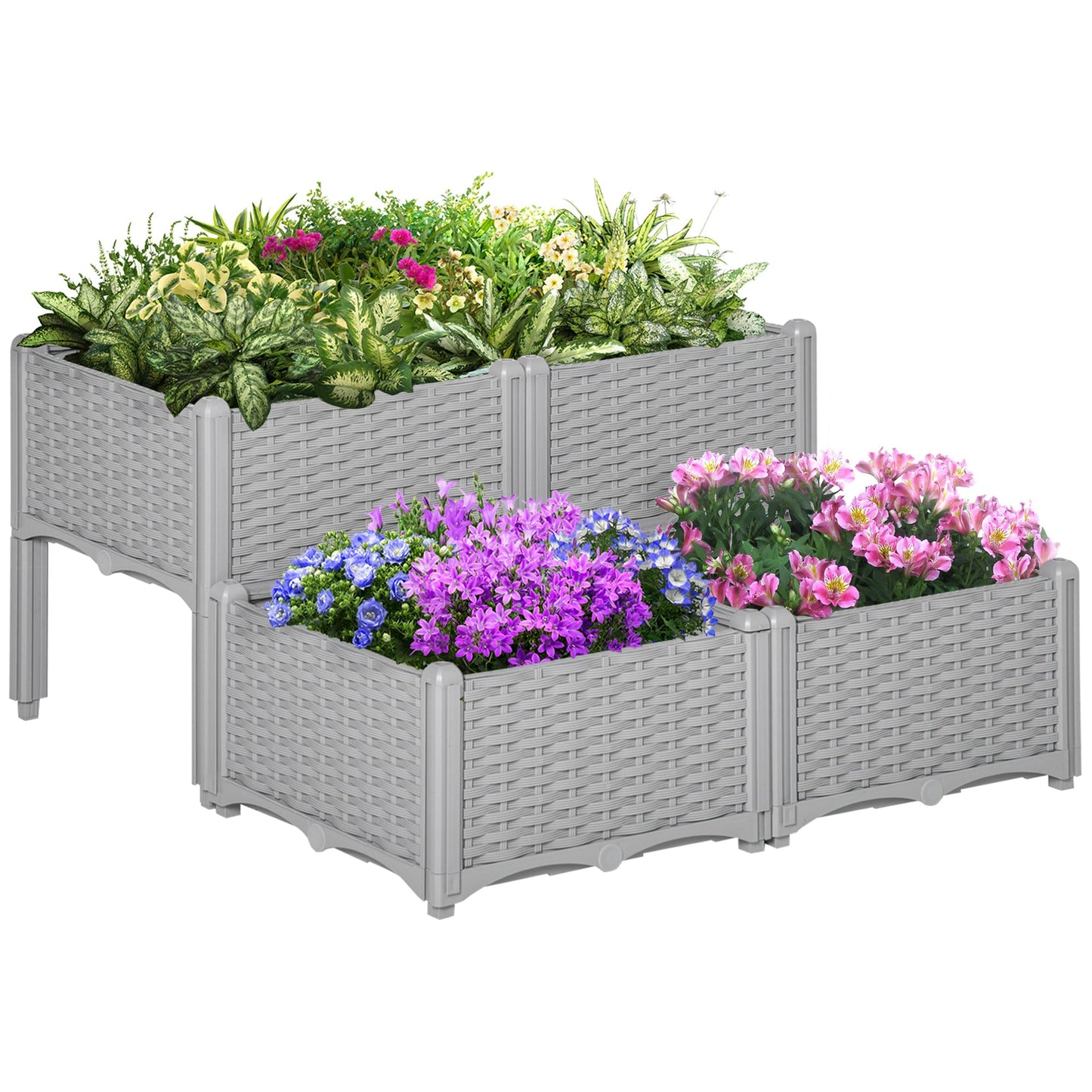 Outsunny Set of 4 26L Garden Raised Bed Elevated Patio Flower Plant Planter Box PP Vegetables Planting Container, Grey