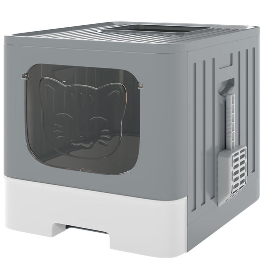 PawHut Foldable Cat Litter Box with Lid, Slide-Out Drawer, Scoop, Easy Clean, Odour Control, Anti-Splashing, Grey