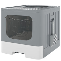 PawHut Foldable Cat Litter Box with Lid, Slide-Out Drawer, Scoop, Easy Clean, Odour Control, Anti-Splashing, Grey